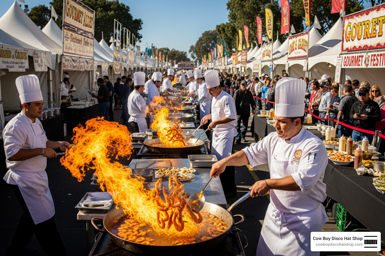 Gourmet Alley at the Gilroy Garlic Festival with chefs tossing scampi in large pans