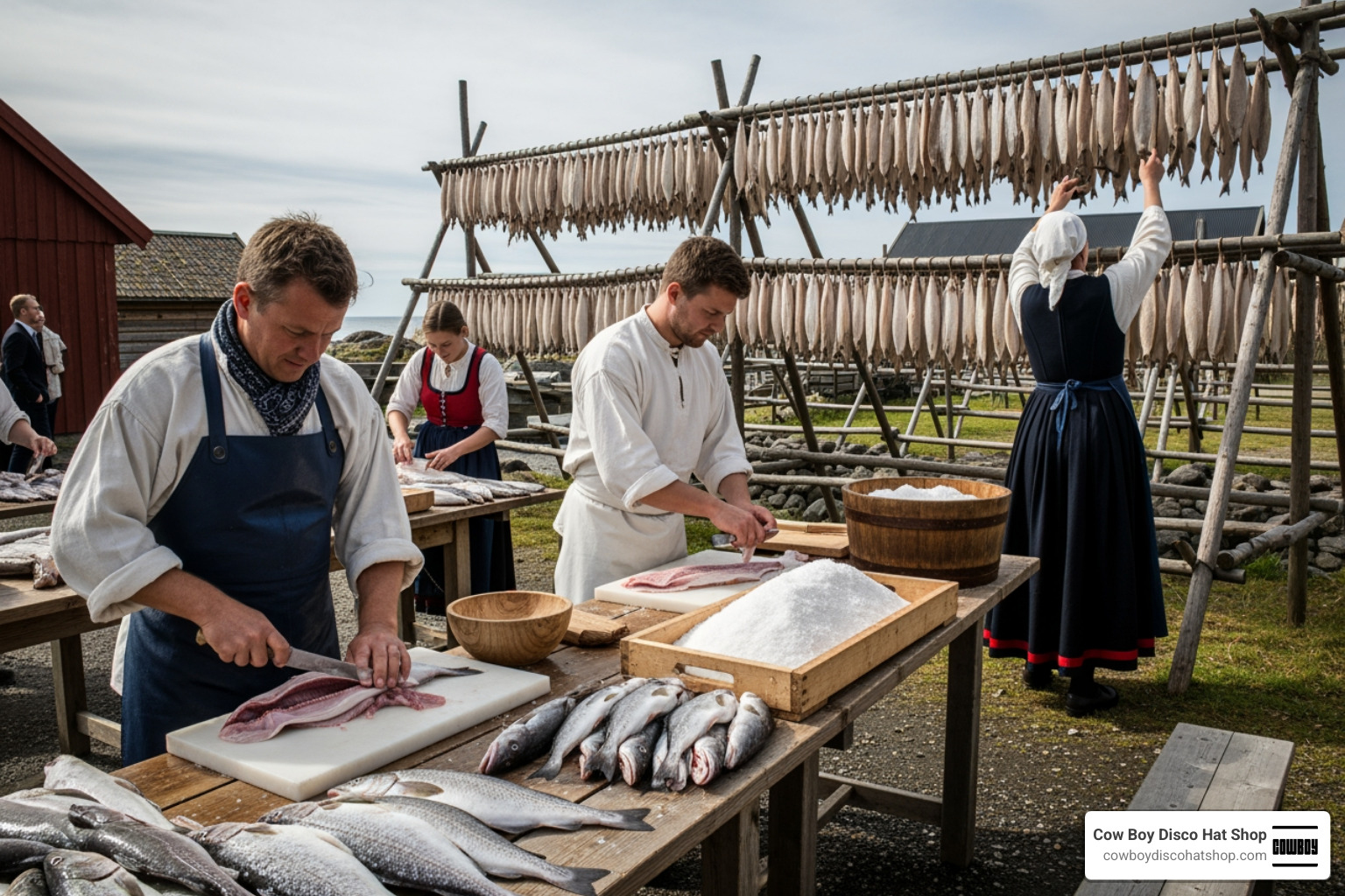 Traditional food preservation demonstrations showing Norwegian fish curing techniques
