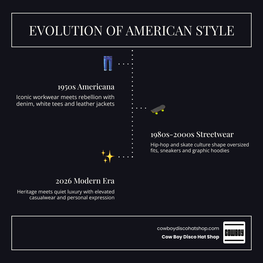 Infographic showing evolution of American style from 1950s Americana to 2026 streetwear key pillars infographic