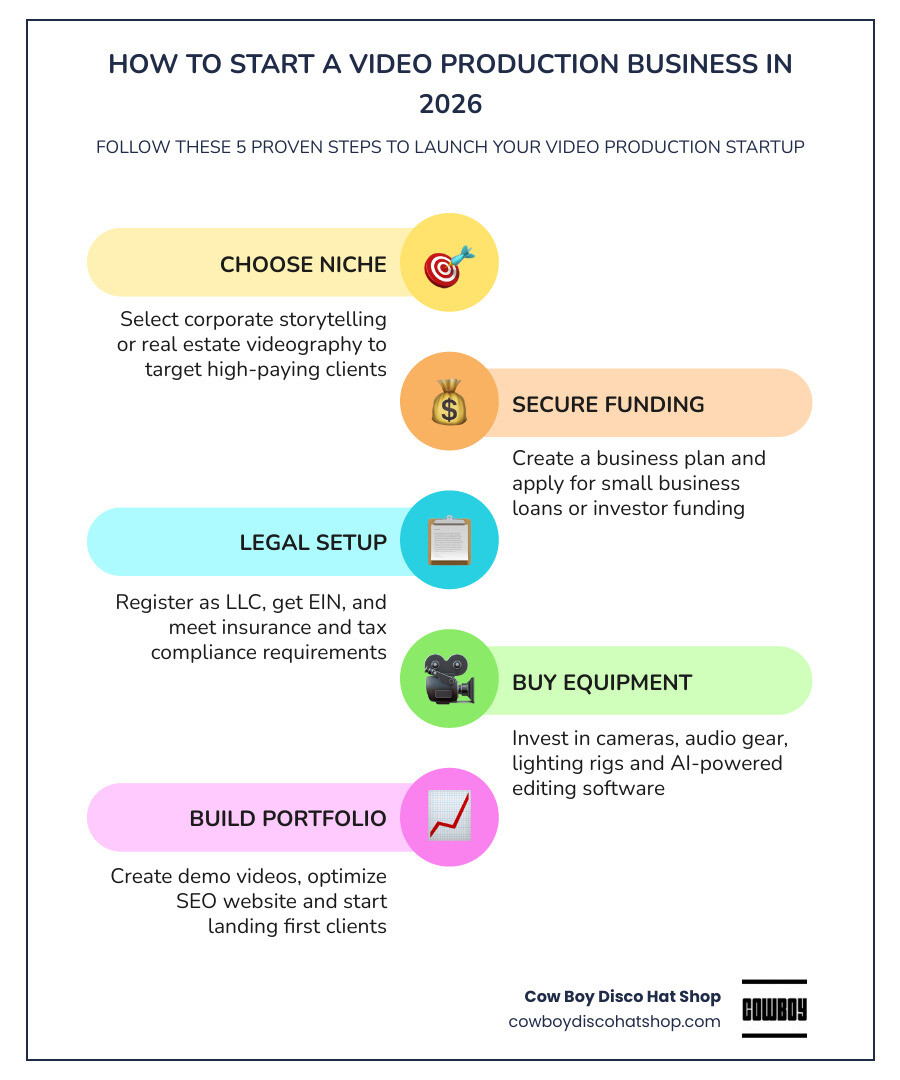 Steps to start a video production business: niche, plan, legal setup, equipment, portfolio, SEO, pricing infographic