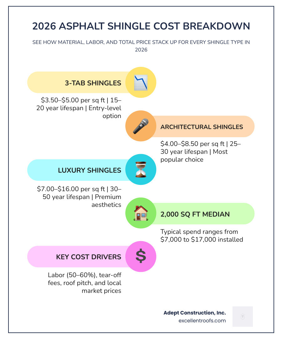 2026 asphalt shingle cost breakdown by type, material cost, labor cost, and total installed price infographic
