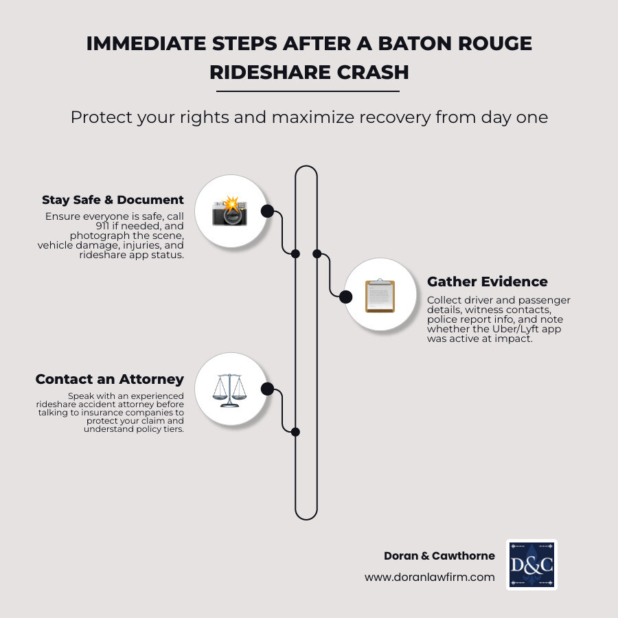Infographic showing immediate steps after a Baton Rouge rideshare crash infographic Infographic showing immediate steps after a Baton Rouge rideshare crash infographic