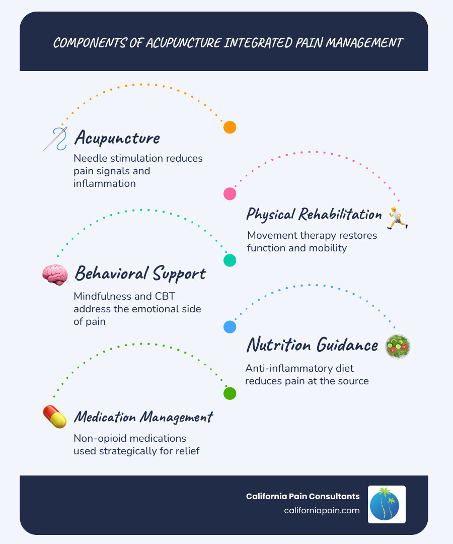 Components of integrative pain management including acupuncture, physical therapy, nutrition, and behavioral health