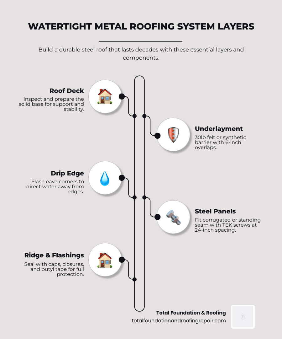 Infographic showing the layers of a watertight metal roofing system from deck to ridge cap infographic