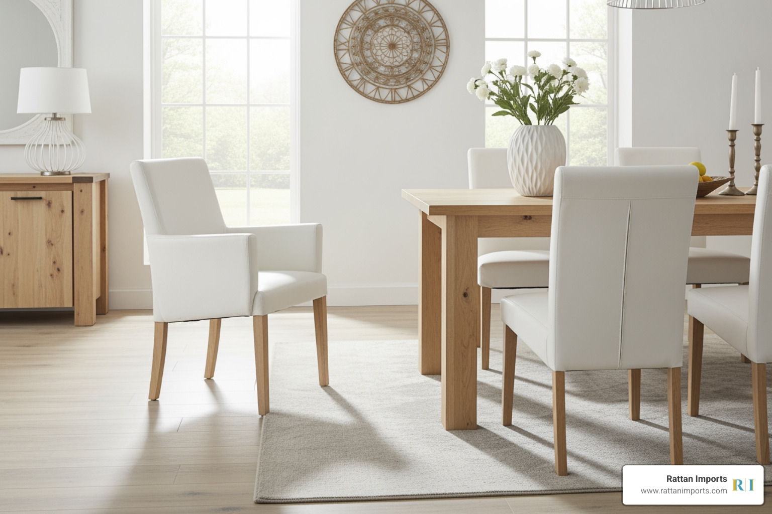 White leather dining arm chairs paired with a natural light wood dining table White leather dining arm chairs paired with a natural light wood dining table