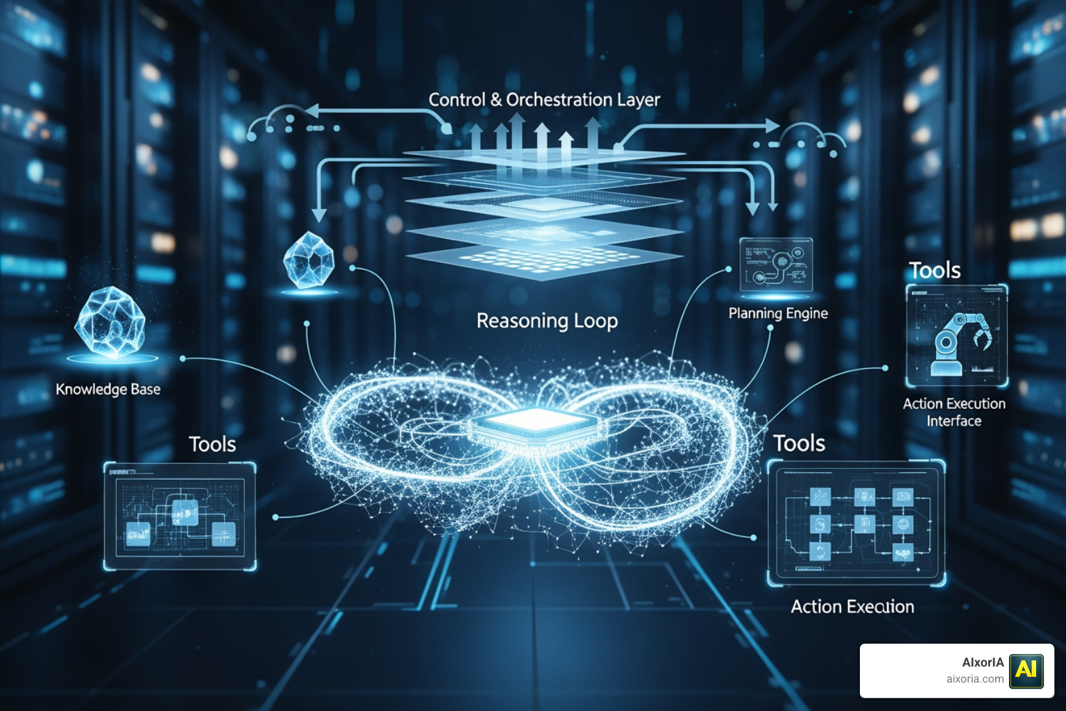 Architecture of an AI agent showing the reasoning loop and tool orchestration