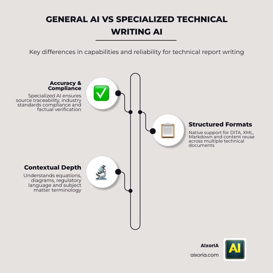 Comparison infographic: General AI chatbots vs specialized technical writing AI tools by key features infographic
