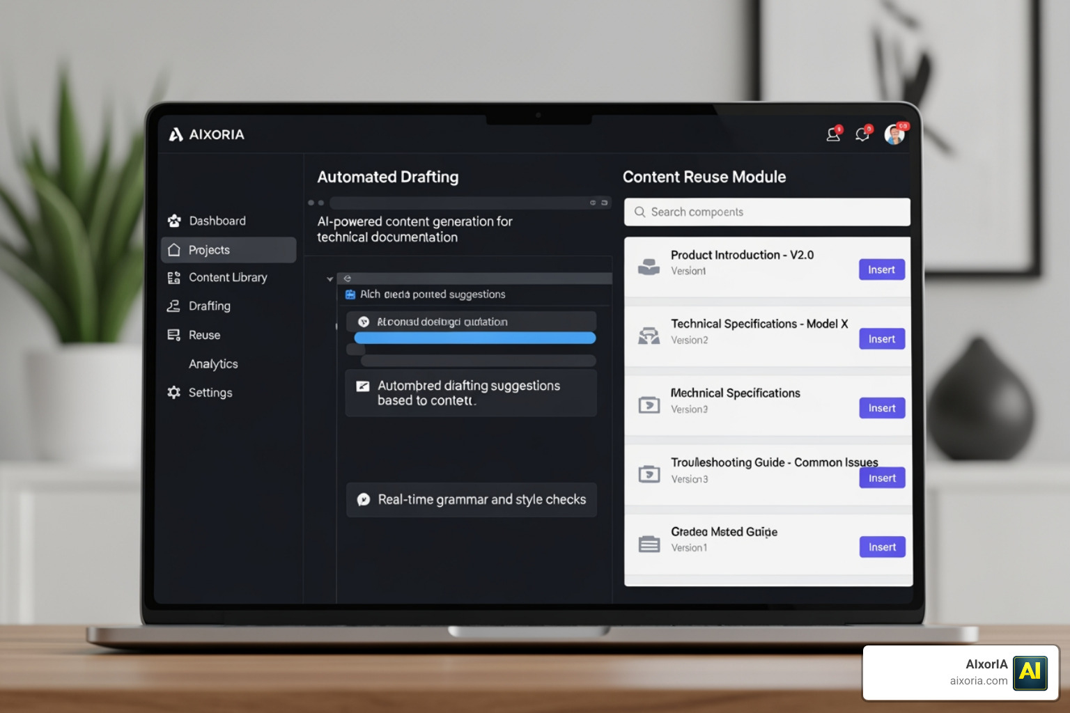 An AI-integrated CCMS interface showing automated drafting and content reuse modules