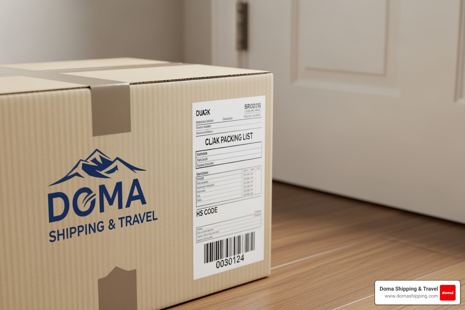 Close-up of a properly labeled international shipping box with a clear packing list and HS code documentation attached