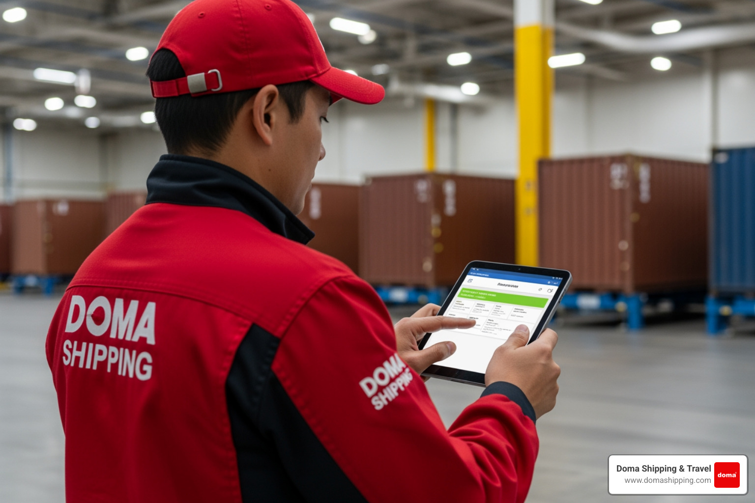 A worker in a red Doma Shipping uniform using a tablet to provide real-time cargo tracking updates at a loading dock