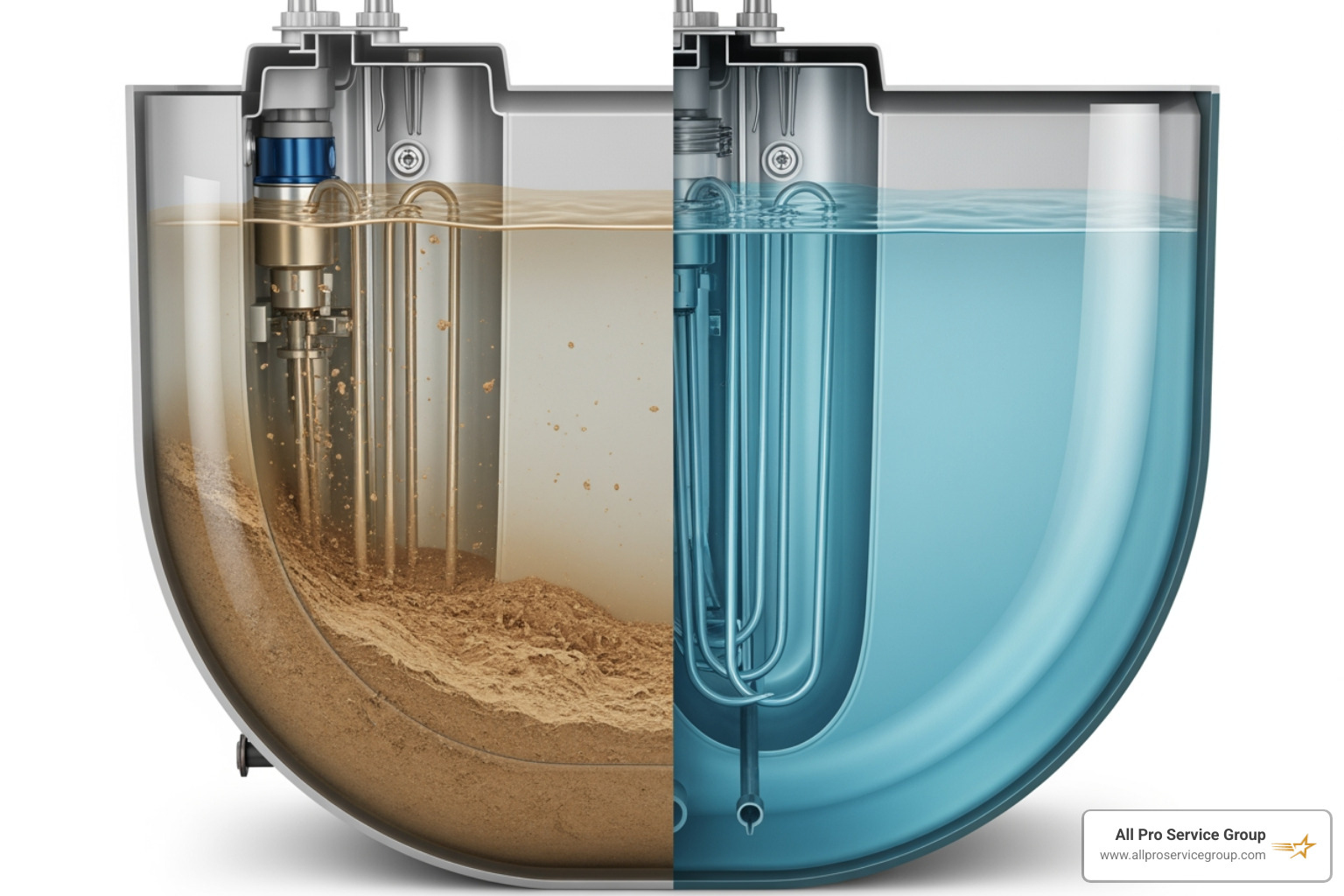 Sediment buildup in a water heater tank vs a clean tank