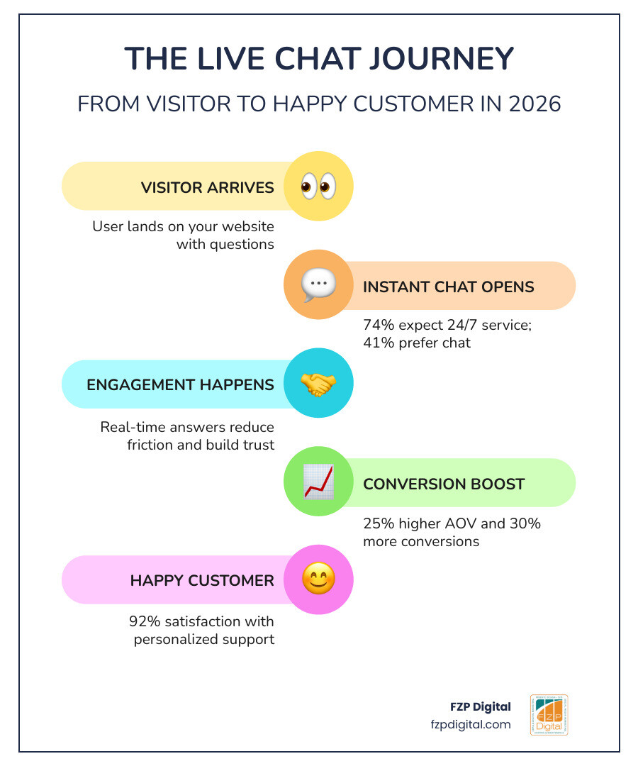 Infographic: The live chat journey from website visitor to happy customer, showing key stats like 92% satisfaction rate and Infographic: The live chat journey from website visitor to happy customer, showing key stats like 92% satisfaction rate and