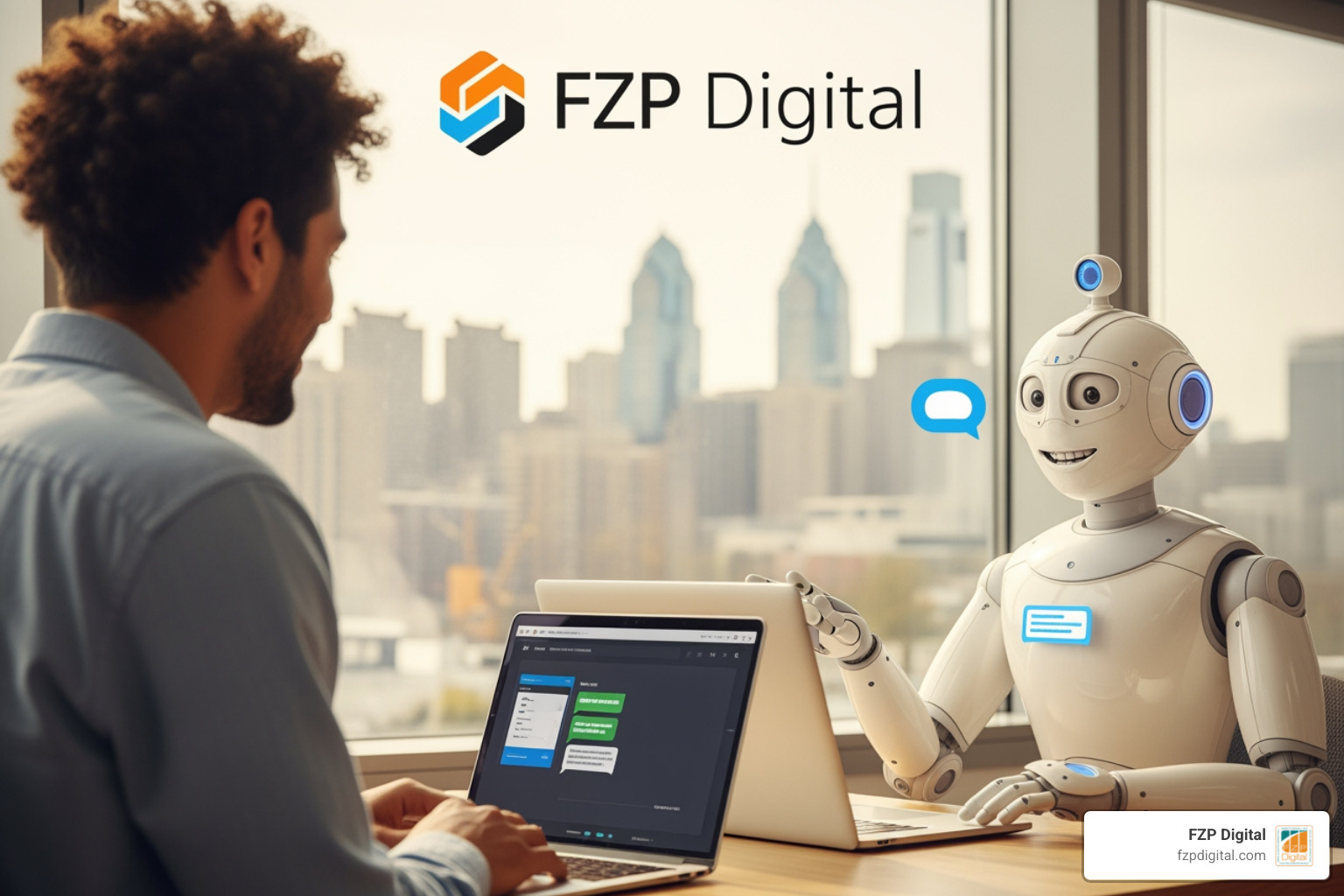 An AI chatbot assisting a customer on a laptop with the FZP Digital logo visible in the background An AI chatbot assisting a customer on a laptop with the FZP Digital logo visible in the background