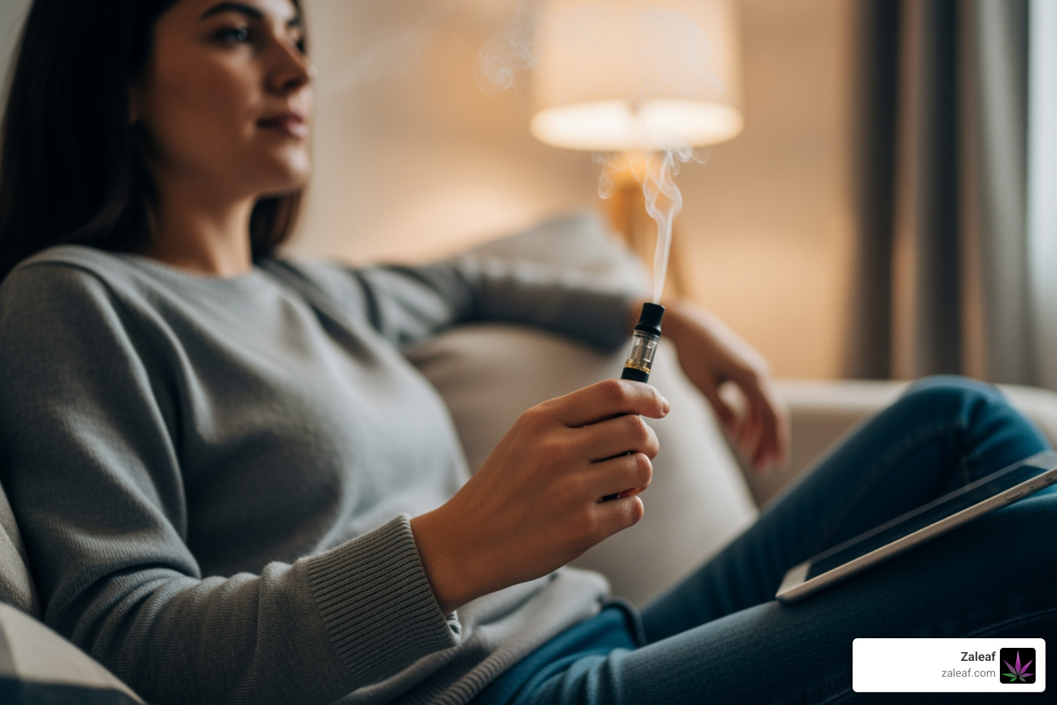 Person unwinding after a long day with a vape pen Person unwinding after a long day with a vape pen