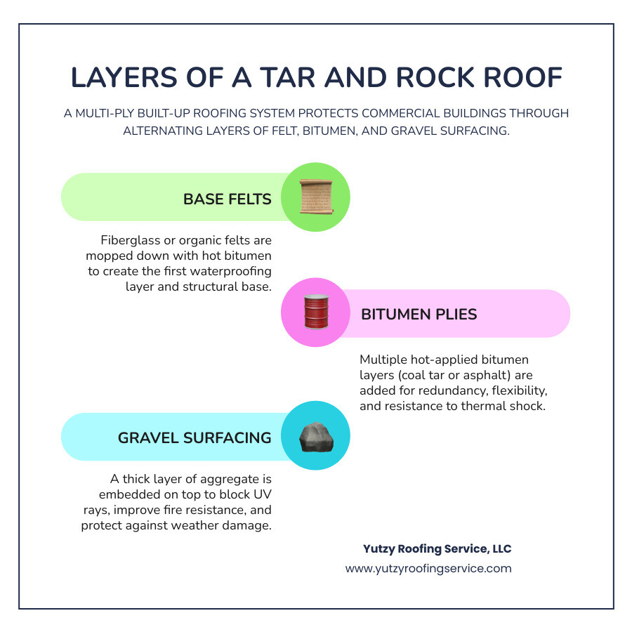 Layers of a multi-ply tar and rock BUR system showing felt, bitumen, and gravel surfacing infographic Layers of a multi-ply tar and rock BUR system showing felt, bitumen, and gravel surfacing infographic