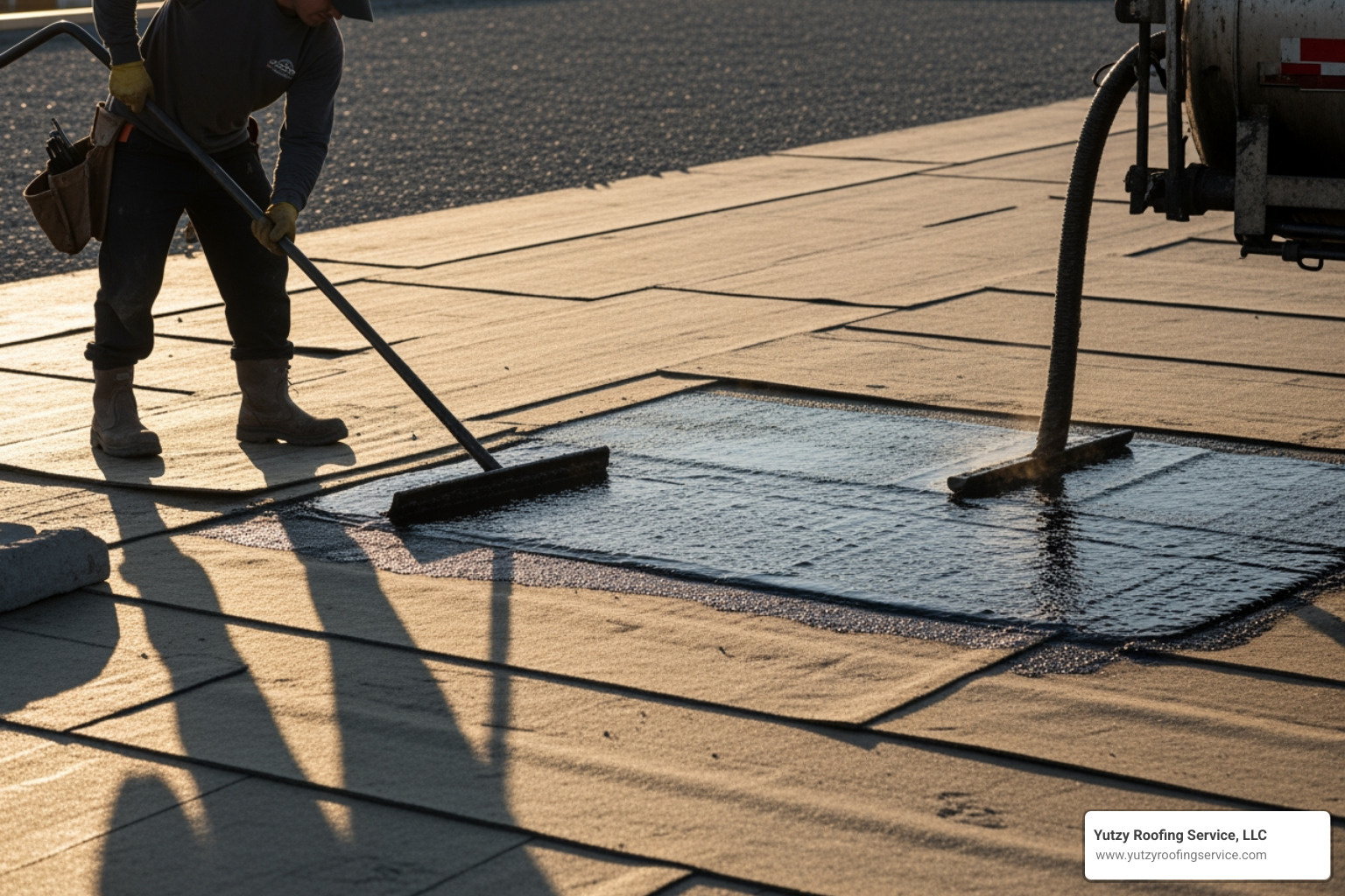 Professional roofer mopping hot bitumen onto fiberglass felts during construction Professional roofer mopping hot bitumen onto fiberglass felts during construction