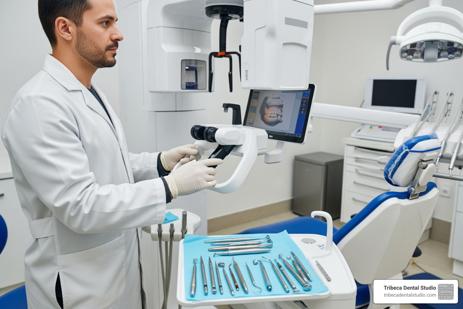Dentist using modern digital imaging and dental tools Dentist using modern digital imaging and dental tools