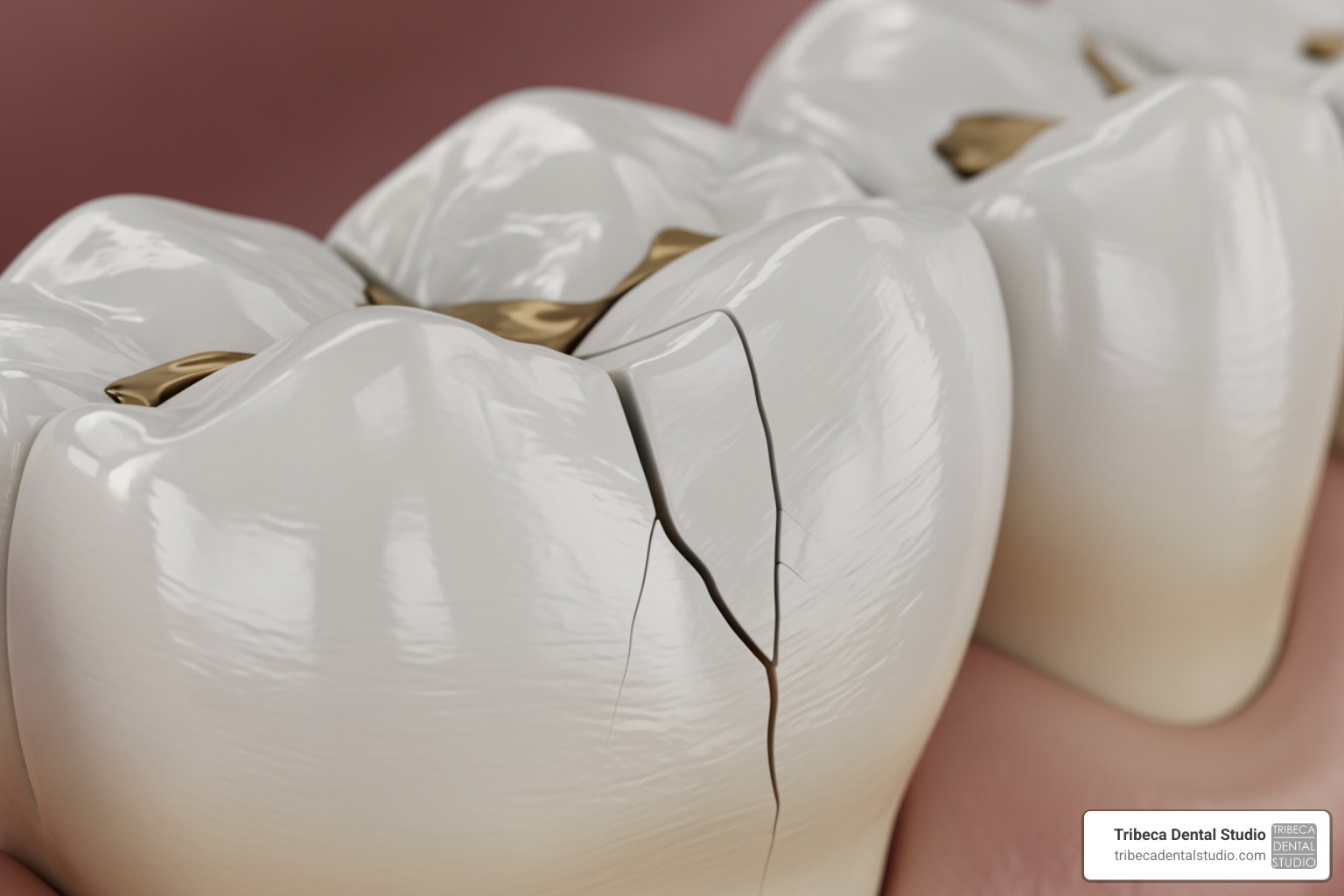 A close-up of a cracked dental restoration in a molar A close-up of a cracked dental restoration in a molar