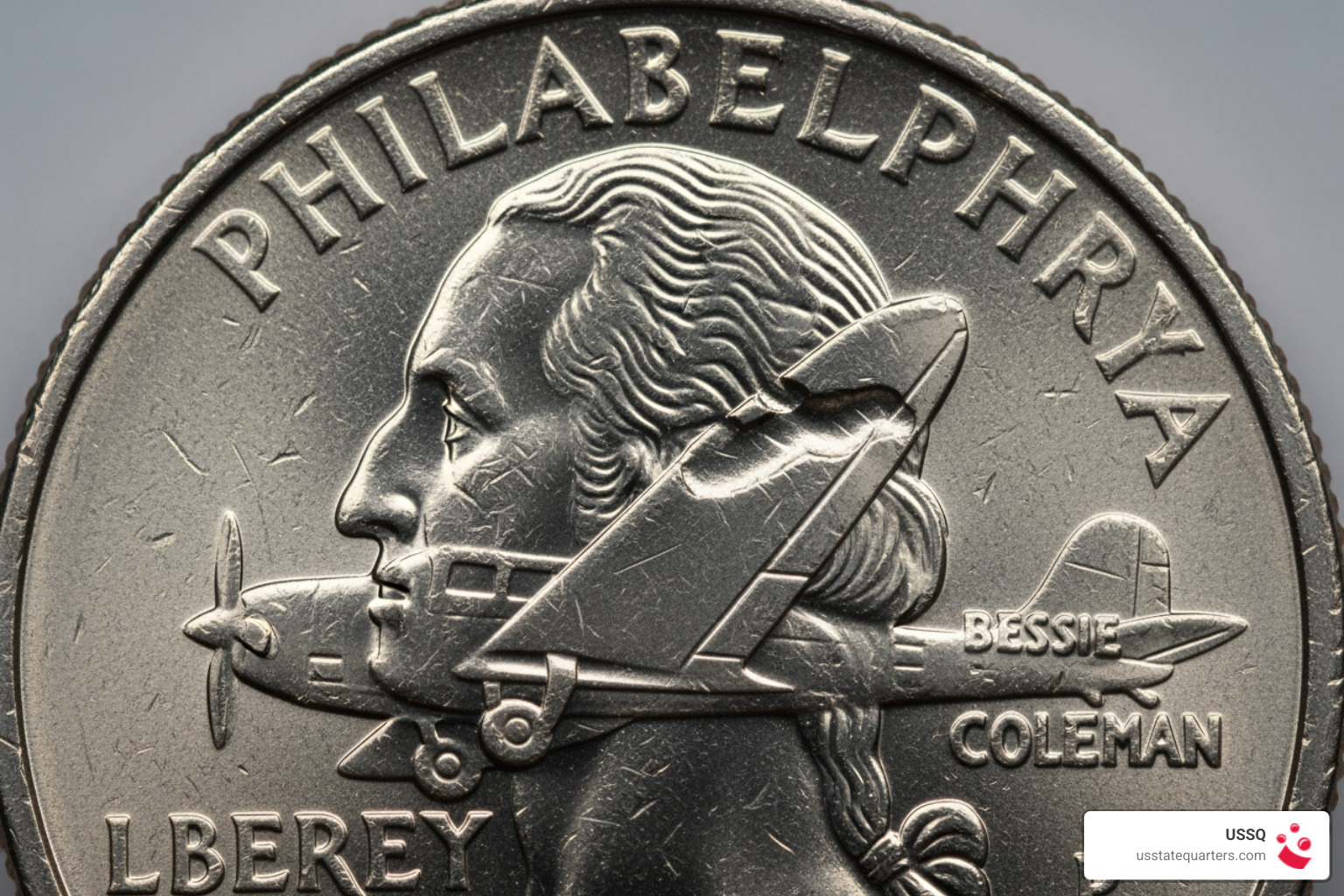 Die chip error on the wing of a 2023 Bessie Coleman Philadelphia quarter Die chip error on the wing of a 2023 Bessie Coleman Philadelphia quarter