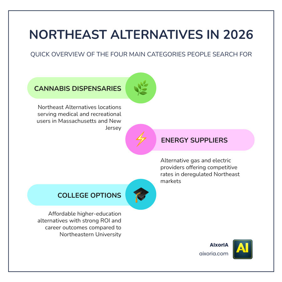 Infographic showing four categories of Northeast alternatives: cannabis dispensaries, energy suppliers, colleges, and