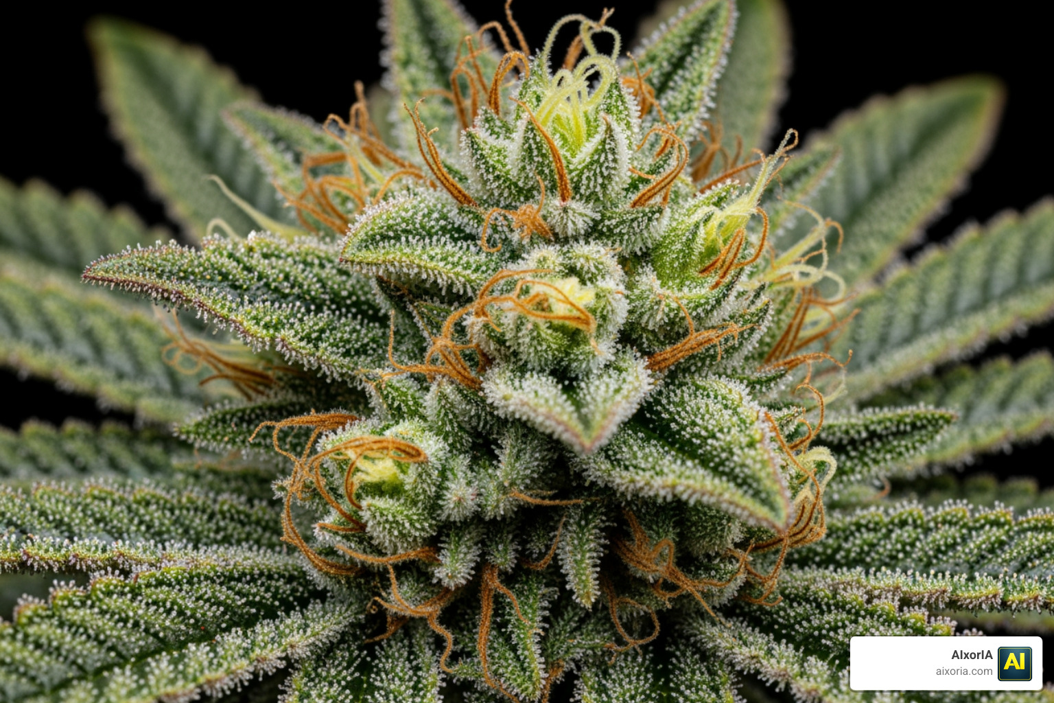 Close up of premium cannabis flower with vibrant trichomes and orange hairs