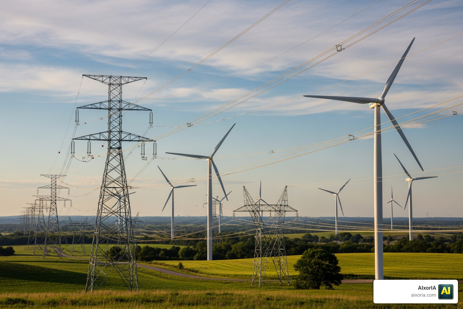 Modern energy infrastructure showing power lines and renewable energy wind turbines