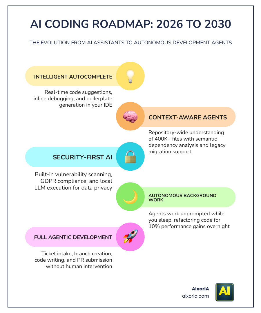 Infographic explaining the 2026-2030 AI coding roadmap from assistants to autonomous agents infographic