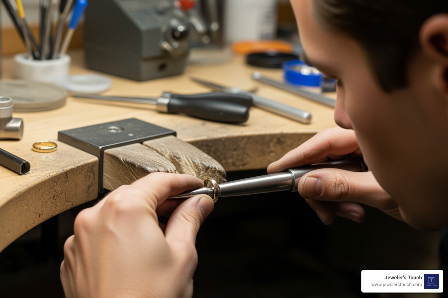 A Jeweler's Touch expert goldsmith using a professional mandrel to resize a gold wedding band A Jeweler's Touch expert goldsmith using a professional mandrel to resize a gold wedding band