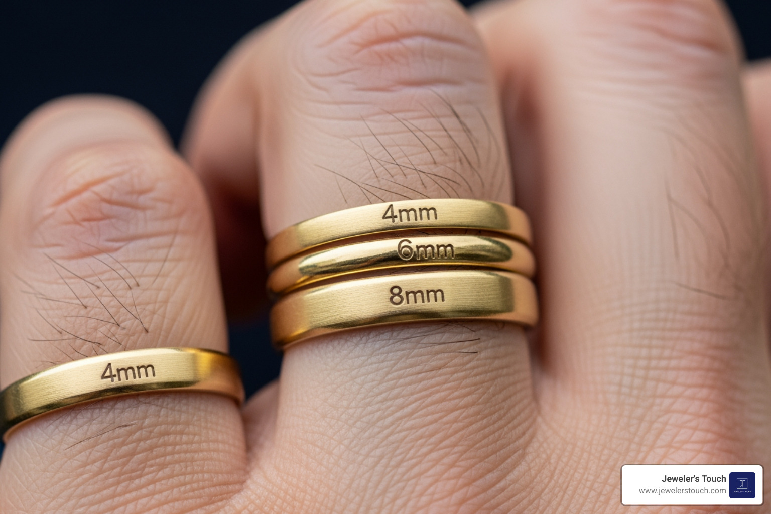 Comparison of 4mm, 6mm, and 8mm wedding band widths on a man's hand Comparison of 4mm, 6mm, and 8mm wedding band widths on a man's hand