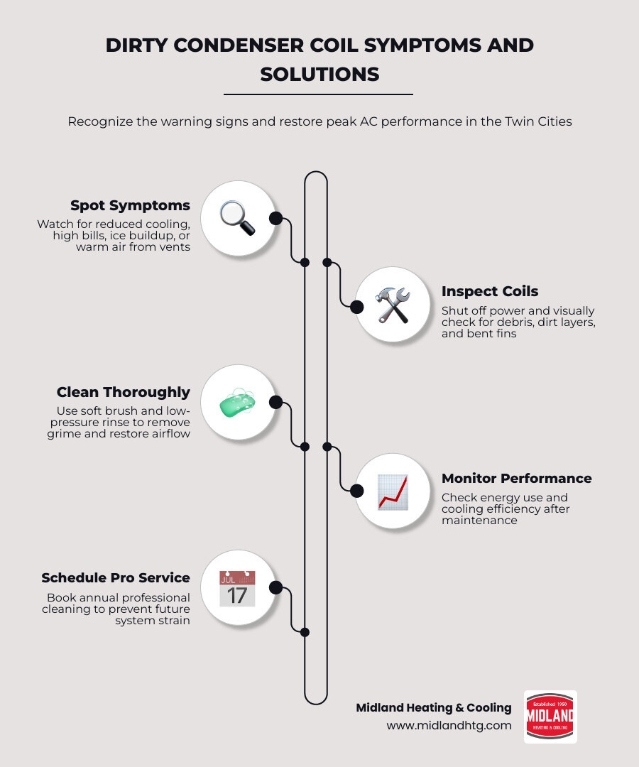 Infographic showing dirty condenser coil symptoms, causes, and solutions with energy impact stats infographic Infographic showing dirty condenser coil symptoms, causes, and solutions with energy impact stats infographic