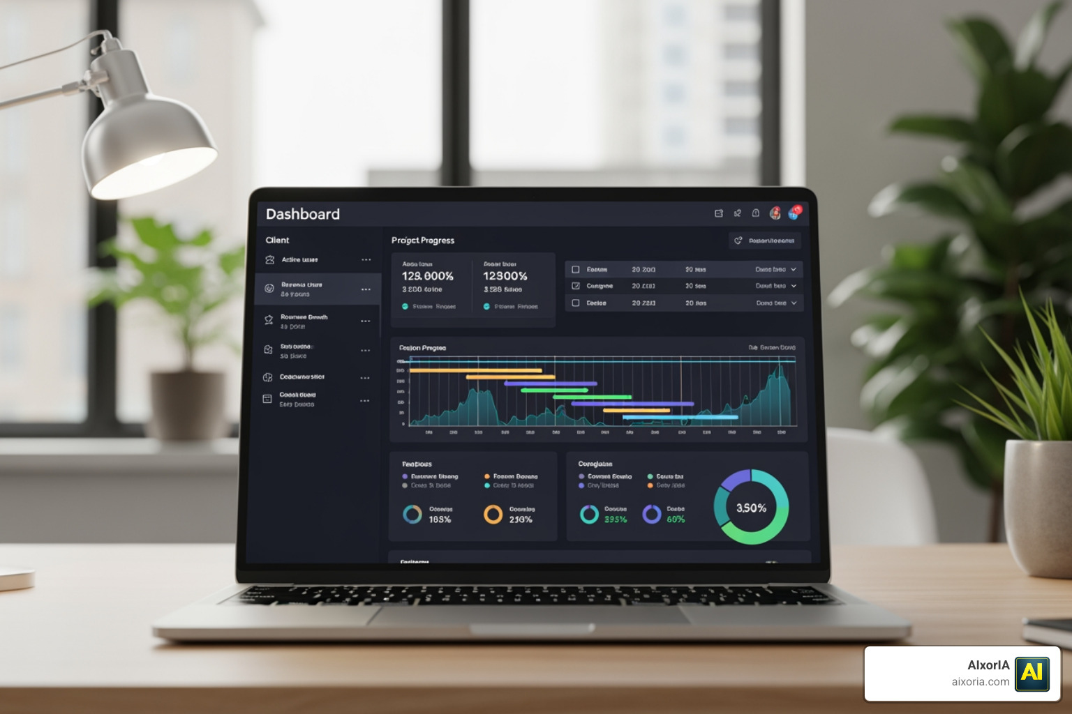 software dashboard showing client metrics and tasks