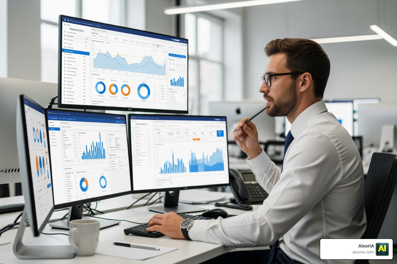 A project manager evaluating software dashboards on multiple monitors