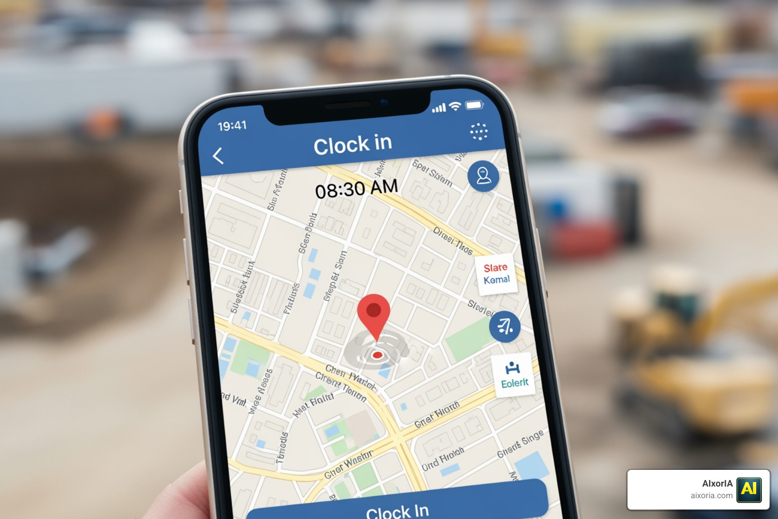 Mobile clock-in app interface with GPS map location