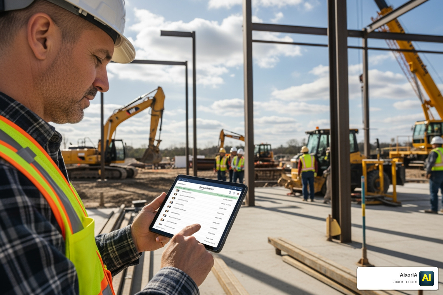 Construction site manager using a tablet to track employee hours