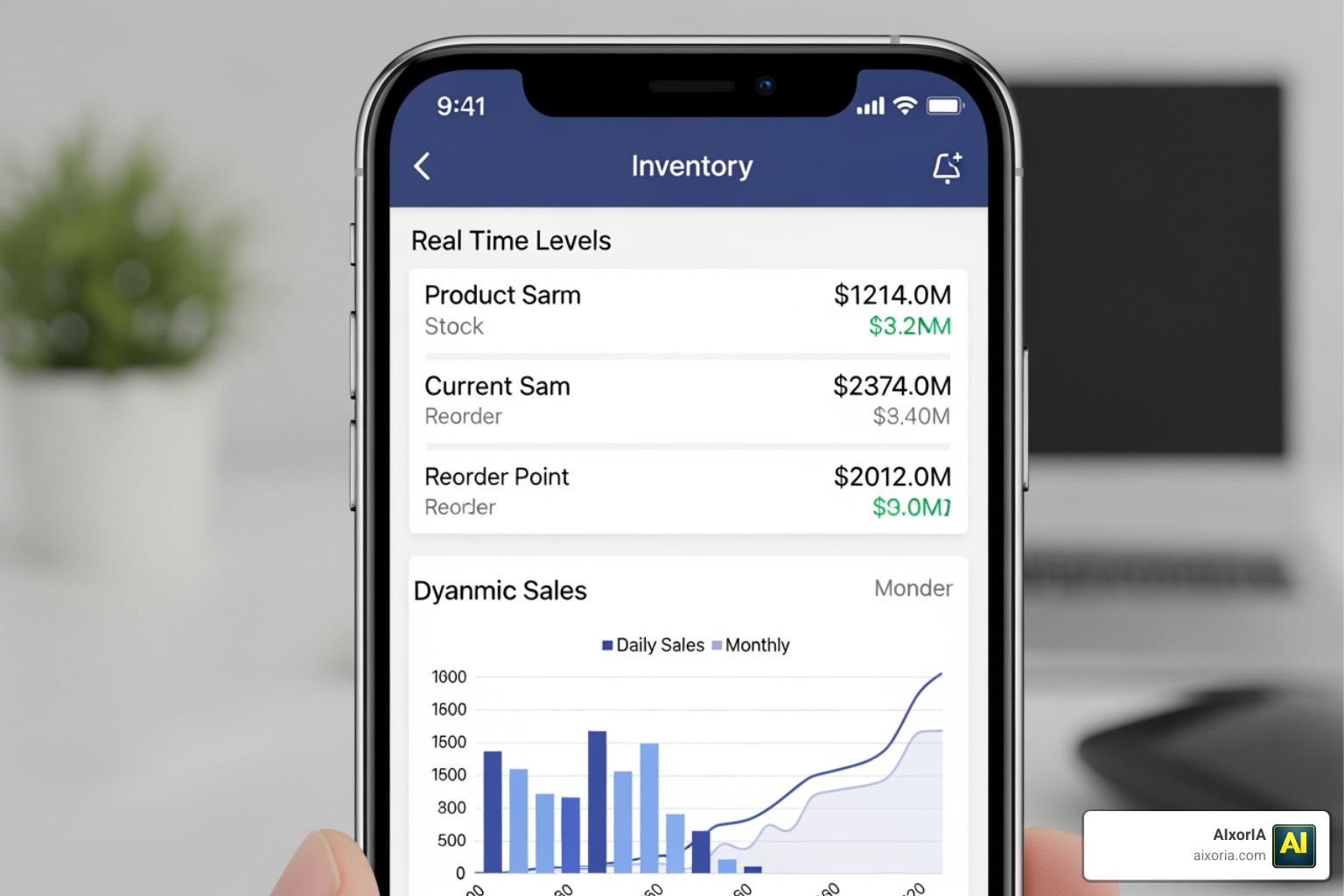 mobile ERP interface showing real-time inventory and sales charts