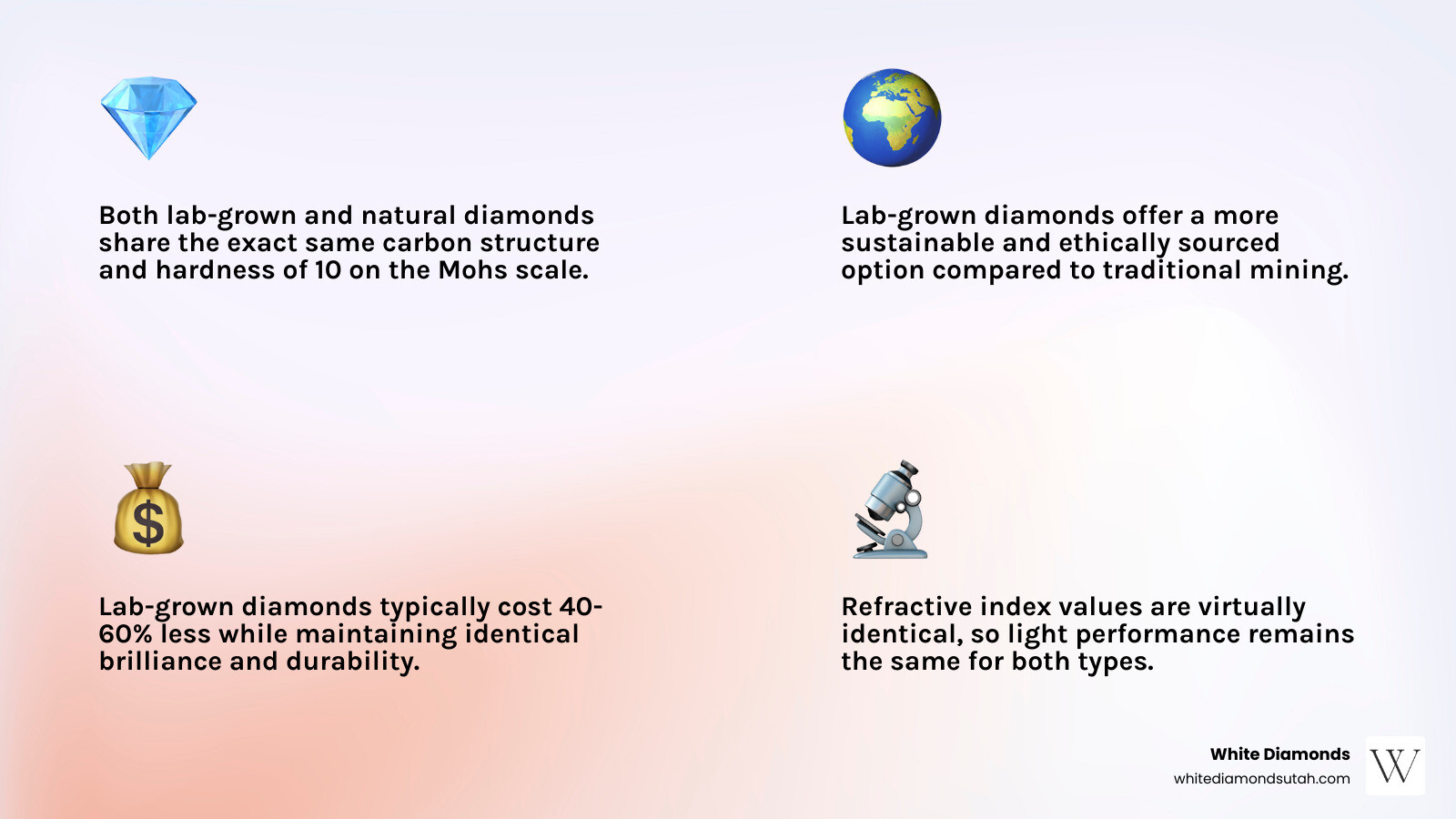 Comparison chart: Lab-Grown vs. Natural Diamonds showing price, hardness, and ethical sourcing infographic