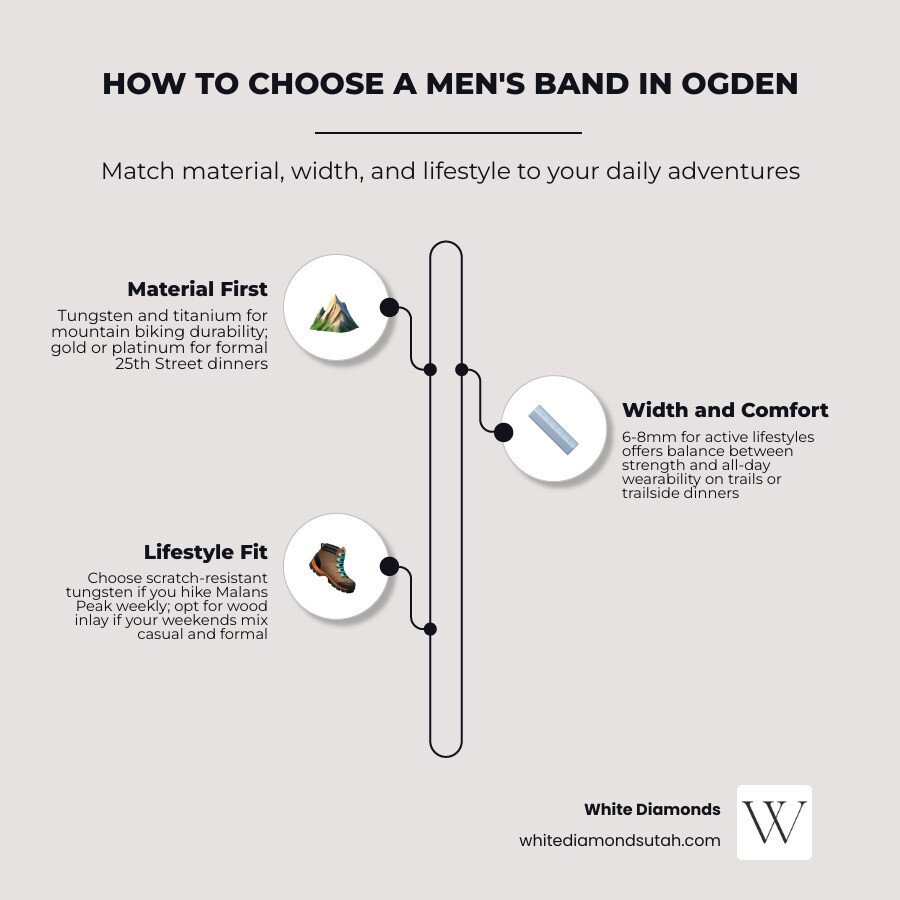 Infographic: How to choose a men's band in Ogden — material, width, lifestyle, and budget guide infographic