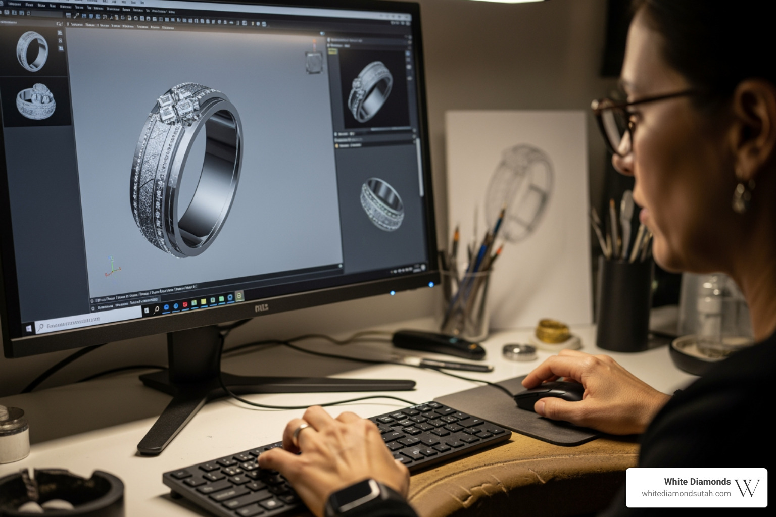 A jeweler working on a custom men's band design using CAD software on a computer screen