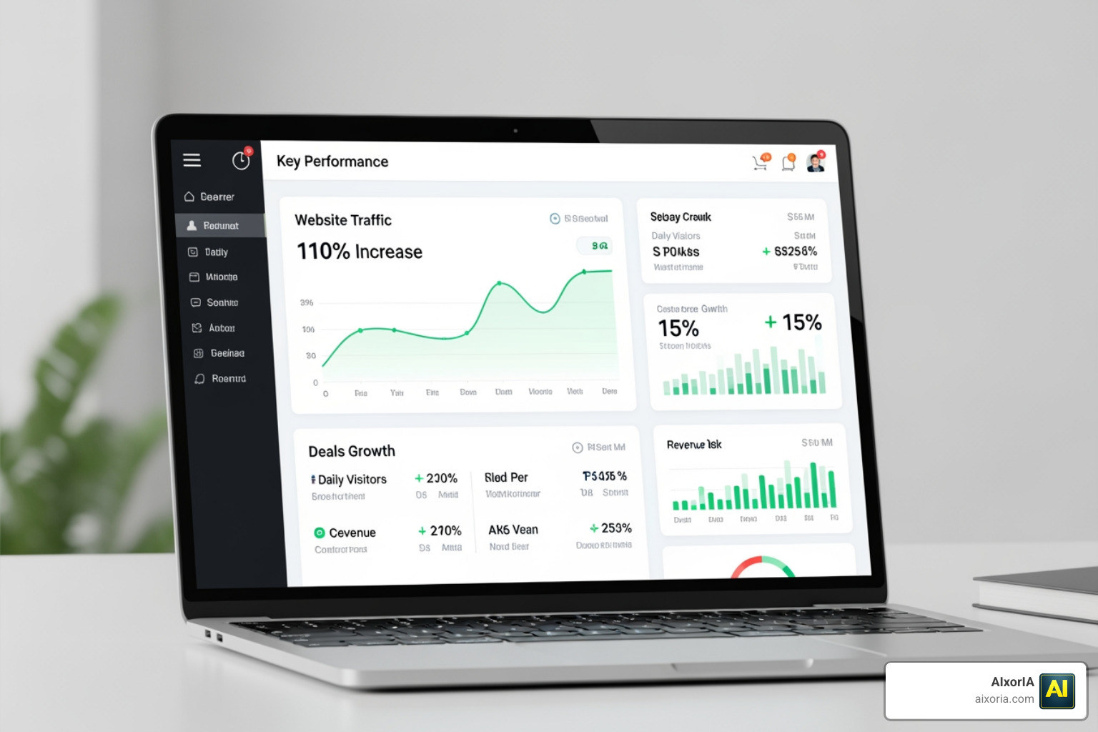 A performance analytics report showing a 110% increase in website traffic and 15% growth in deals