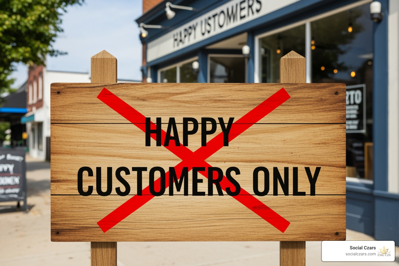A sign saying Happy Customers Only with a large red X over it