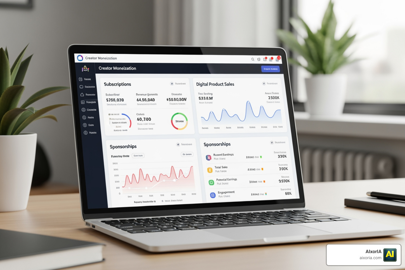 Creator monetization dashboard showing diverse revenue streams including subscriptions and digital sales