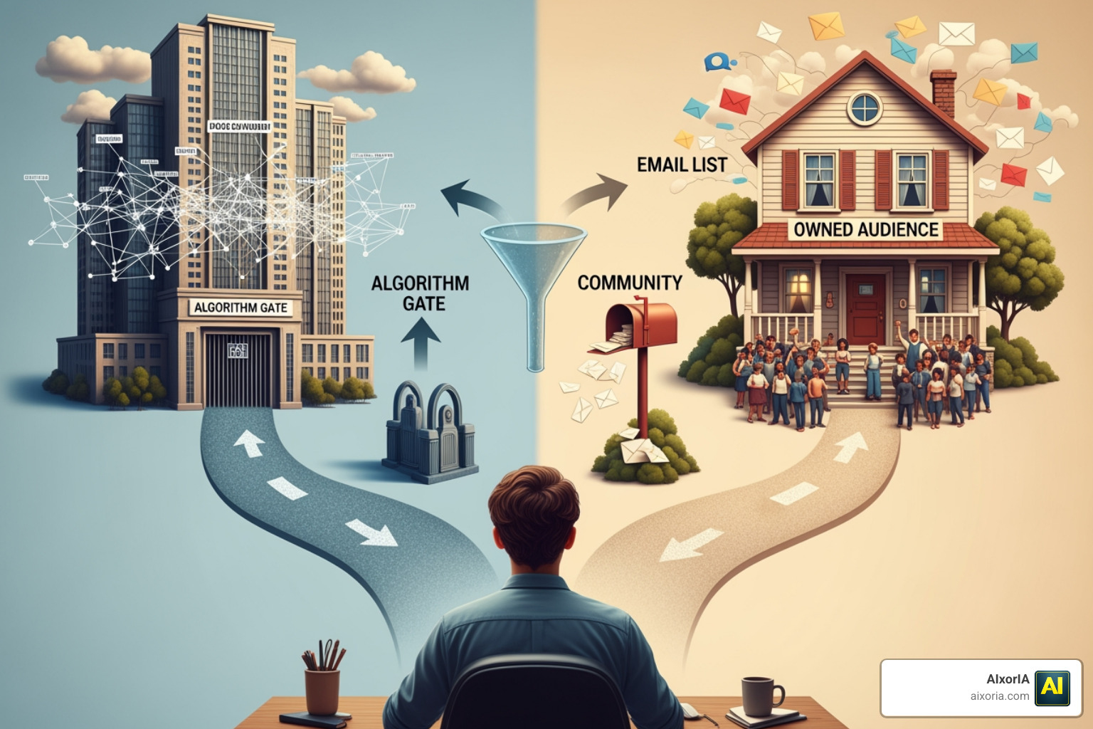 Comparison of audience ownership vs platform control with migration funnel