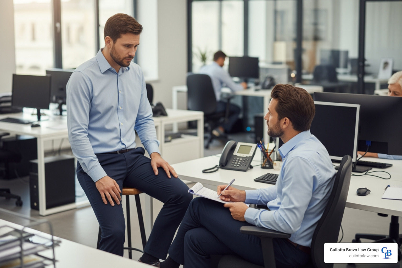 A worker reporting an injury to a supervisor in an office setting