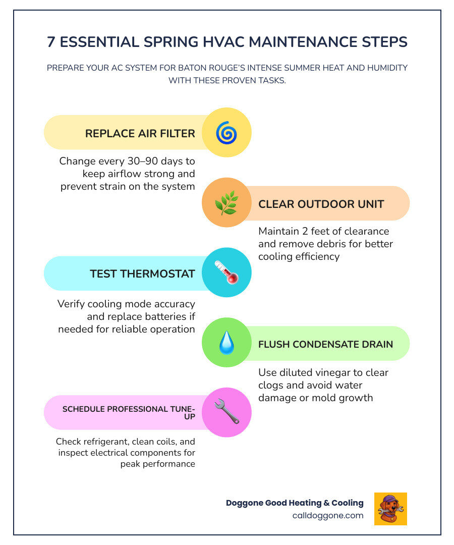 Infographic showing 7 key spring HVAC maintenance steps for hot weather preparation and their efficiency benefits infographic