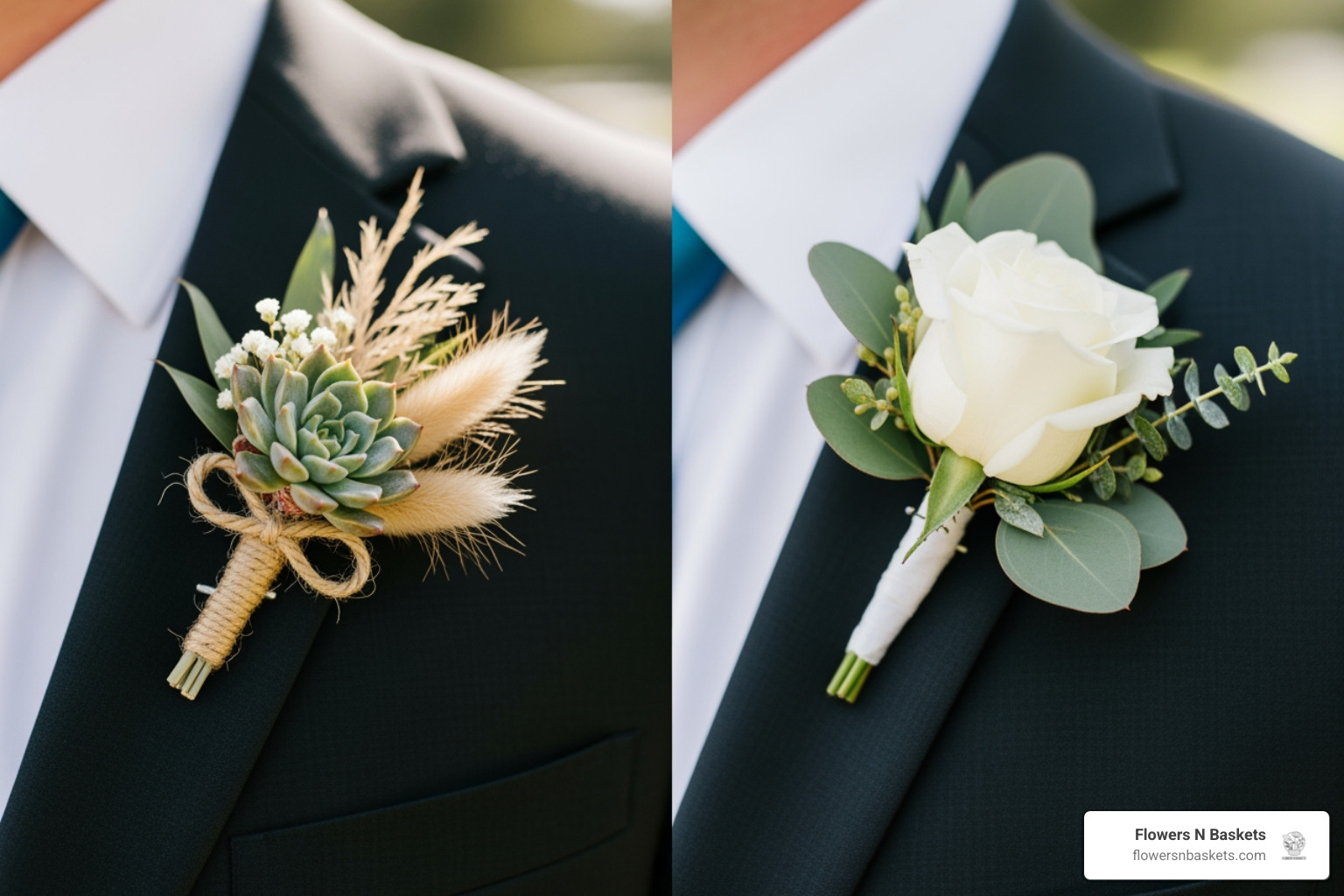 Comparison of rustic succulent boutonnieres versus classic white rose styles