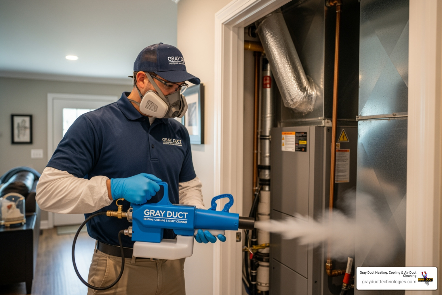 Professional technician using a ULV fogger to treat a residential HVAC system