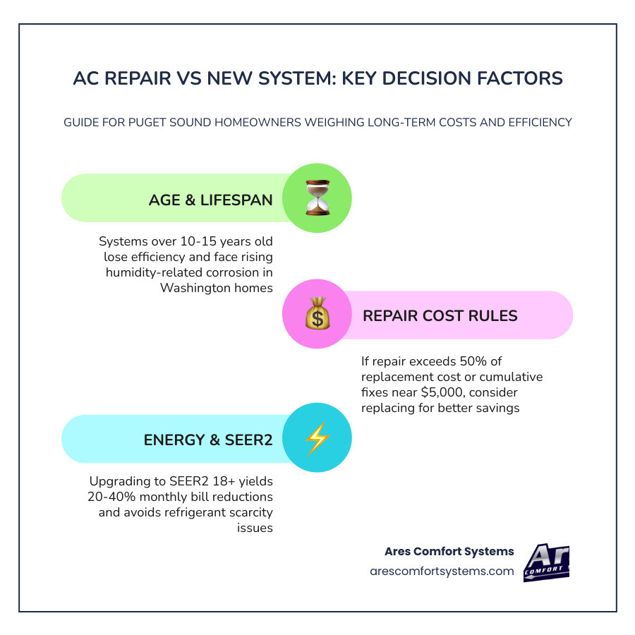 Infographic comparing AC repair vs replacement decision factors including age, repair cost rules, energy savings, and Infographic comparing AC repair vs replacement decision factors including age, repair cost rules, energy savings, and