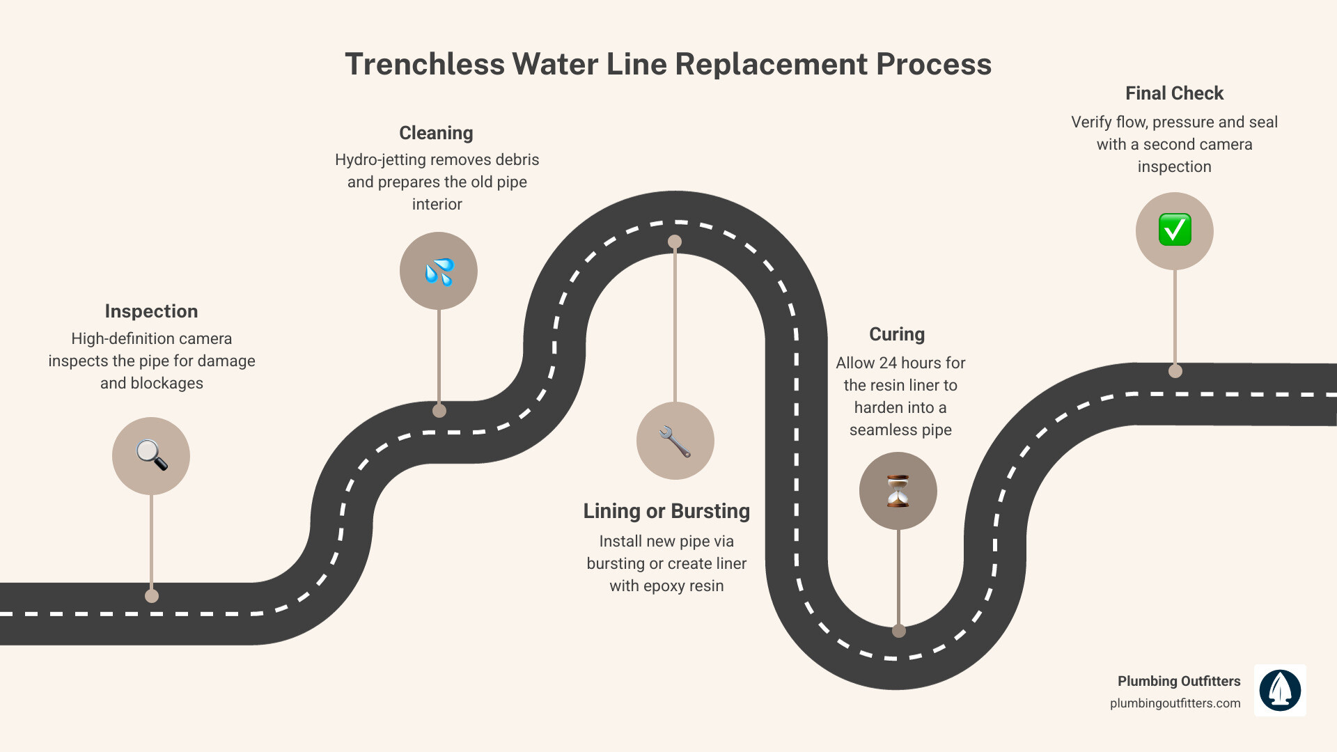 Infographic showing trenchless water line replacement process: inspection, cleaning, pipe lining or bursting, curing, and Infographic showing trenchless water line replacement process: inspection, cleaning, pipe lining or bursting, curing, and