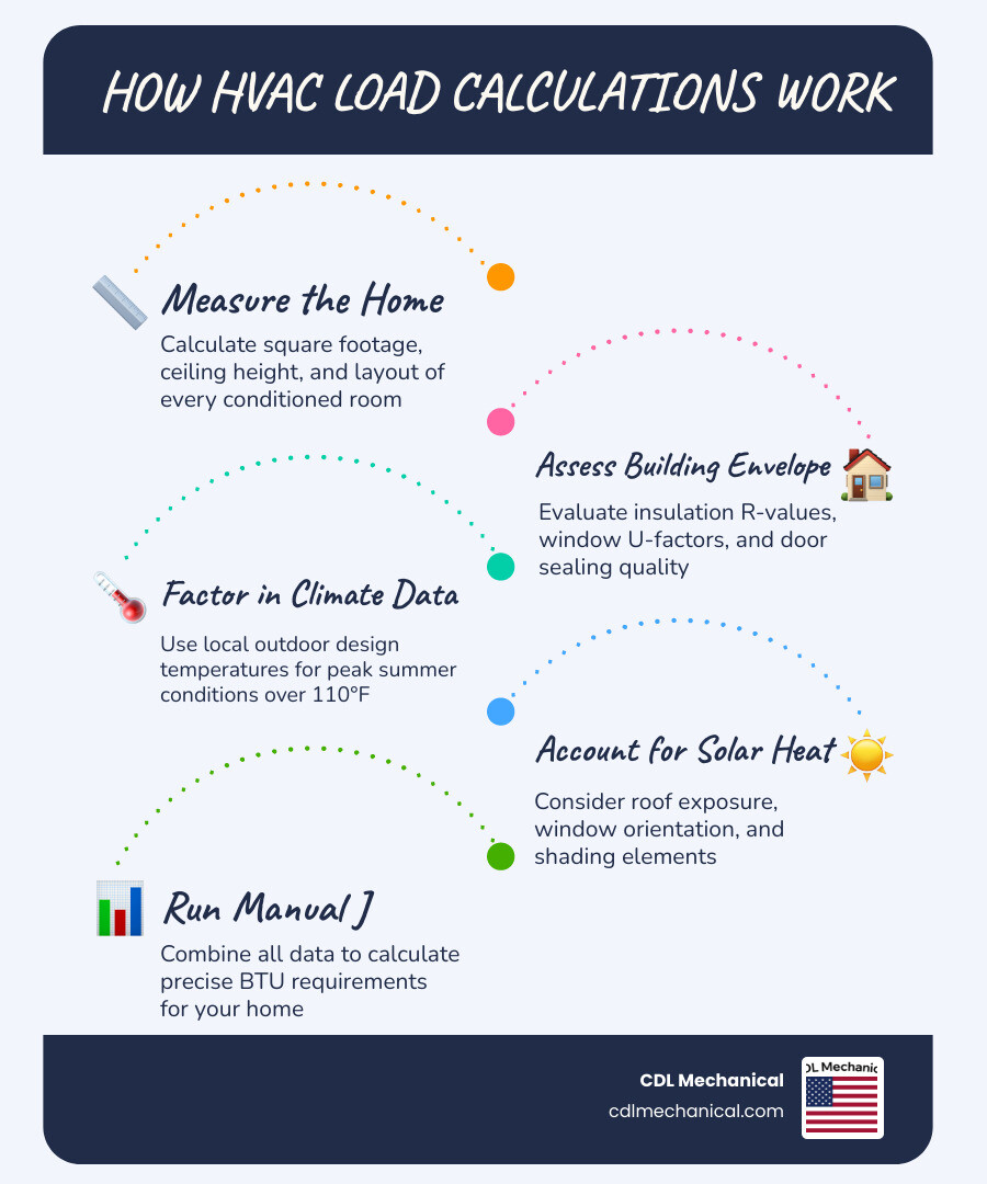 Step-by-step HVAC load calculation process infographic showing inputs and BTU output infographic