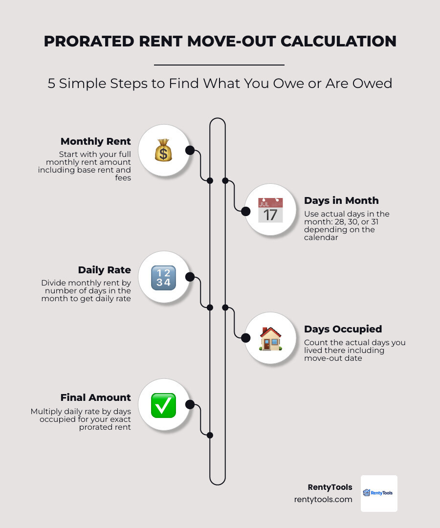 Prorated Rent Calculator Move-Out: 5 Easy Steps 3 Move-out proration timeline showing formula steps, daily rate calculation, and example savings infographic